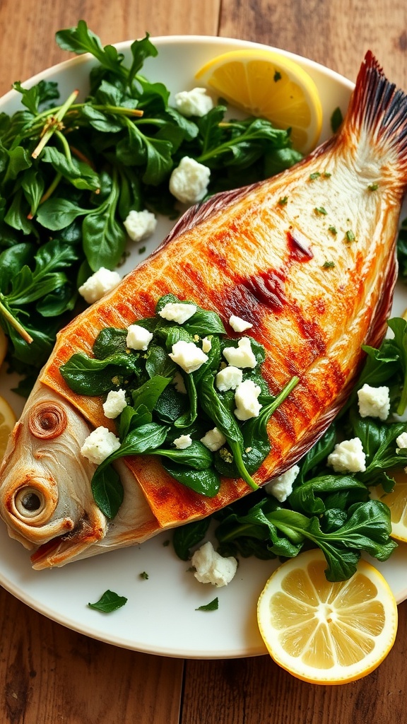 Plated baked branzino stuffed with spinach and feta, decorated with herbs and lemon.